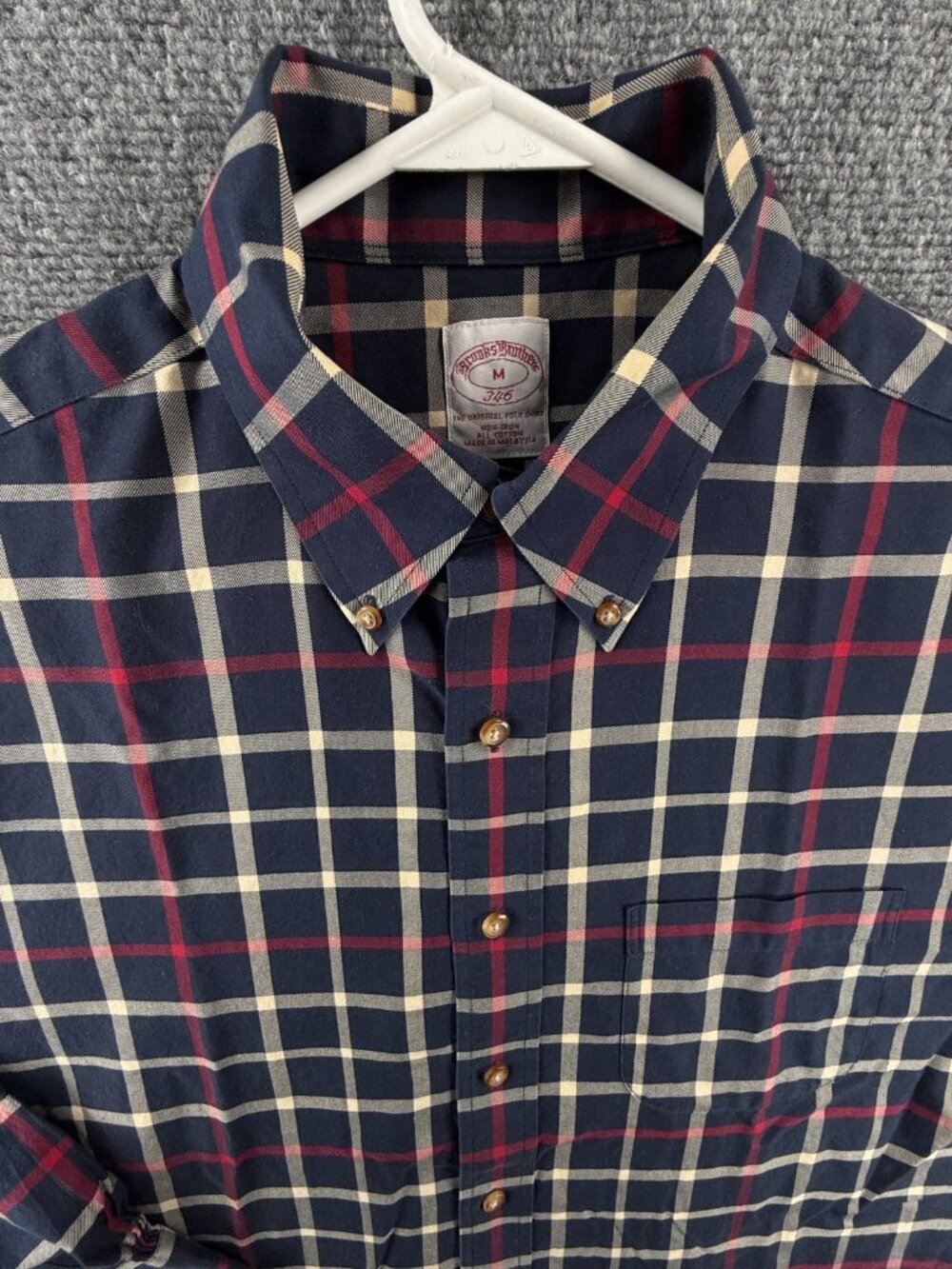 Brooks Brothers Twill Beige Blue Plaid Button-Down Cotton Non-Iron Medium Shirt